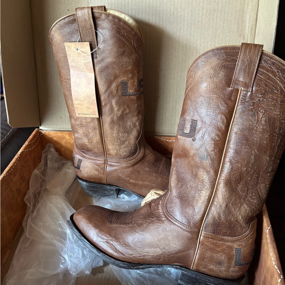 Game day LSU Louisiana State embroidered Brown leather Boots 10D-nib - Picture 4 of 10